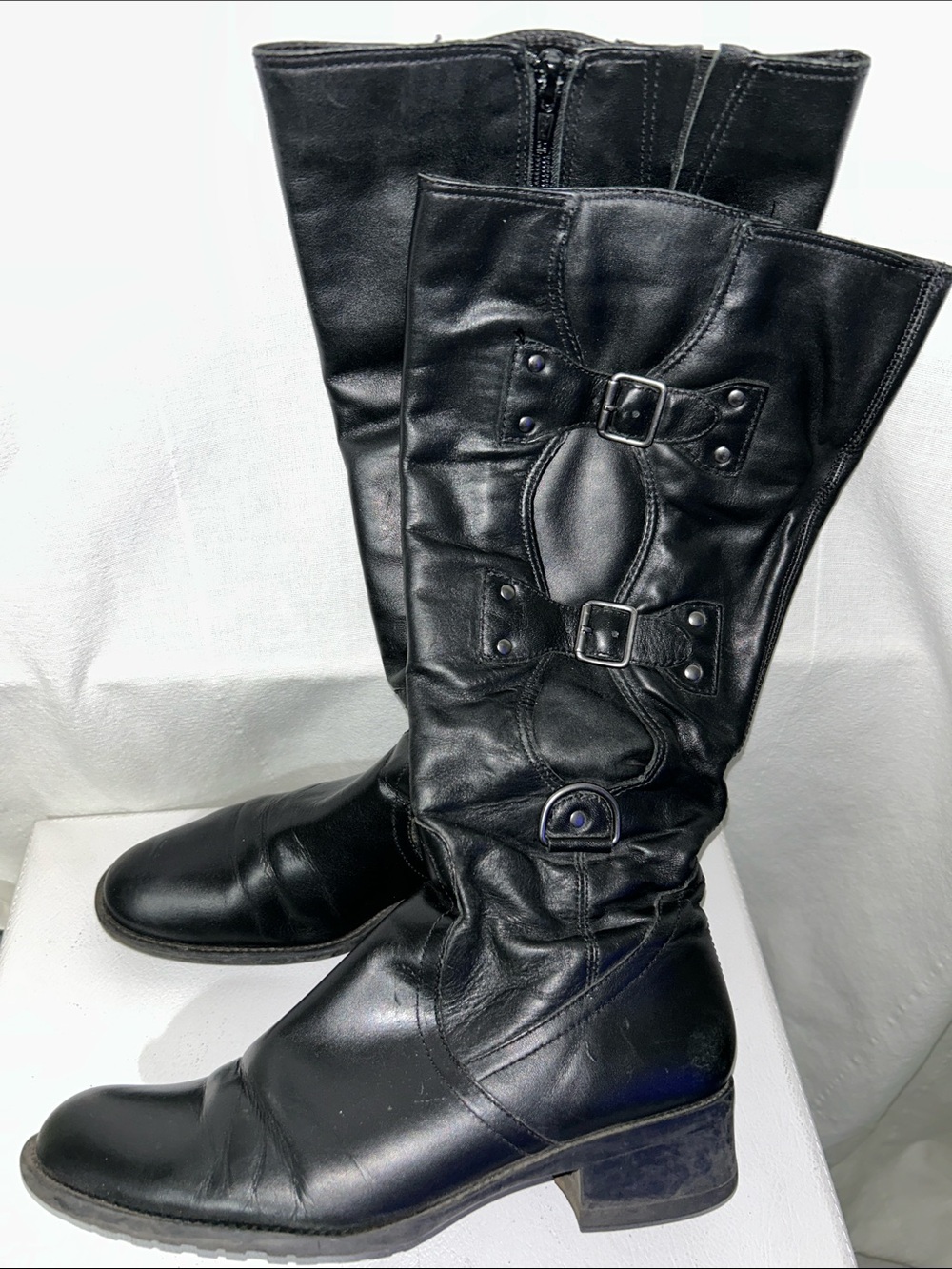 Women's Black Leather Mid-Calf Buckle Heeled Boots